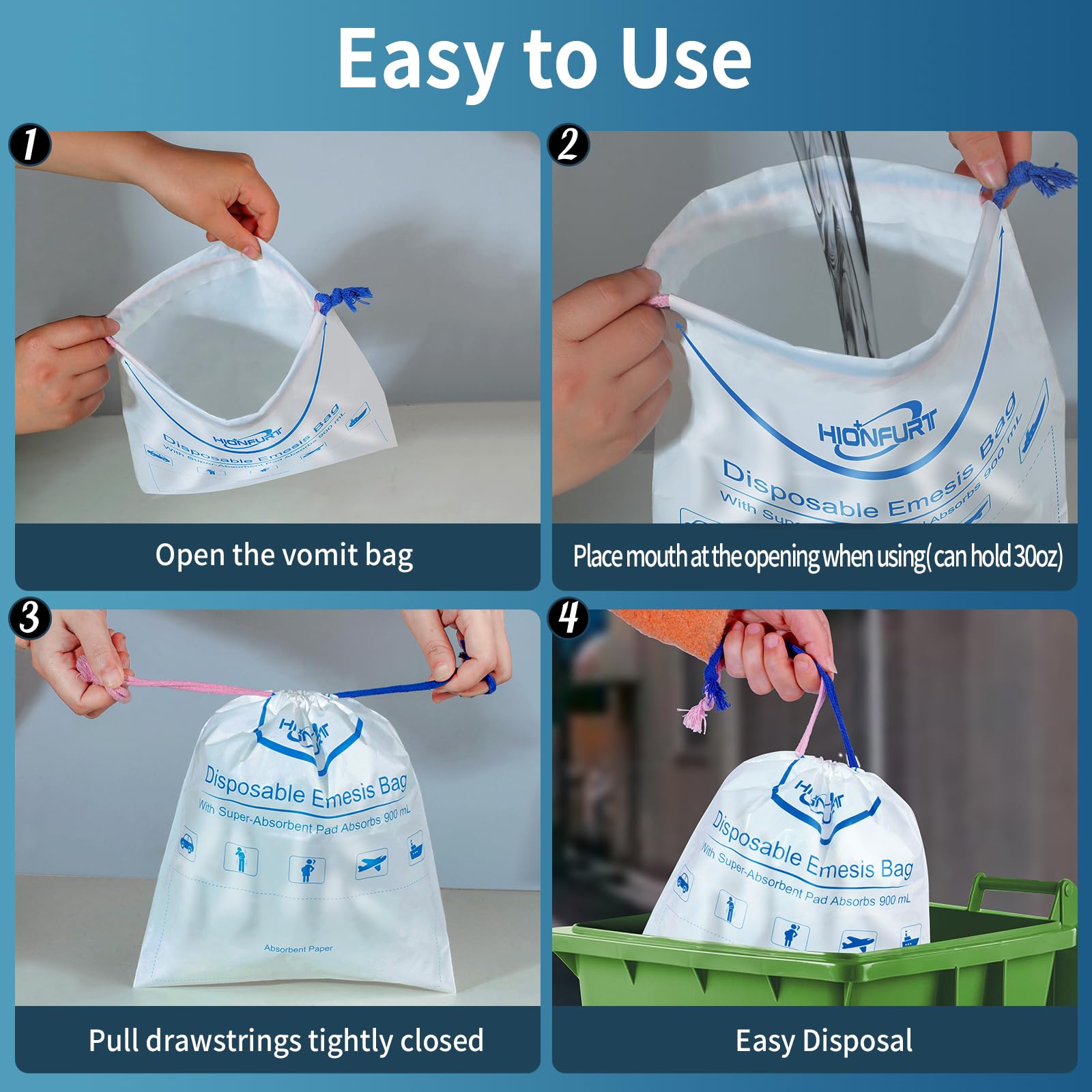 Compact packaging of the 12 piece leak resistant barf bag set.