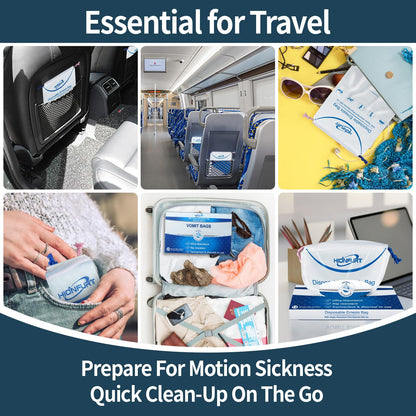 Sanitary sealing mechanism demonstration on the 900 milliliter capacity travel sick bag.