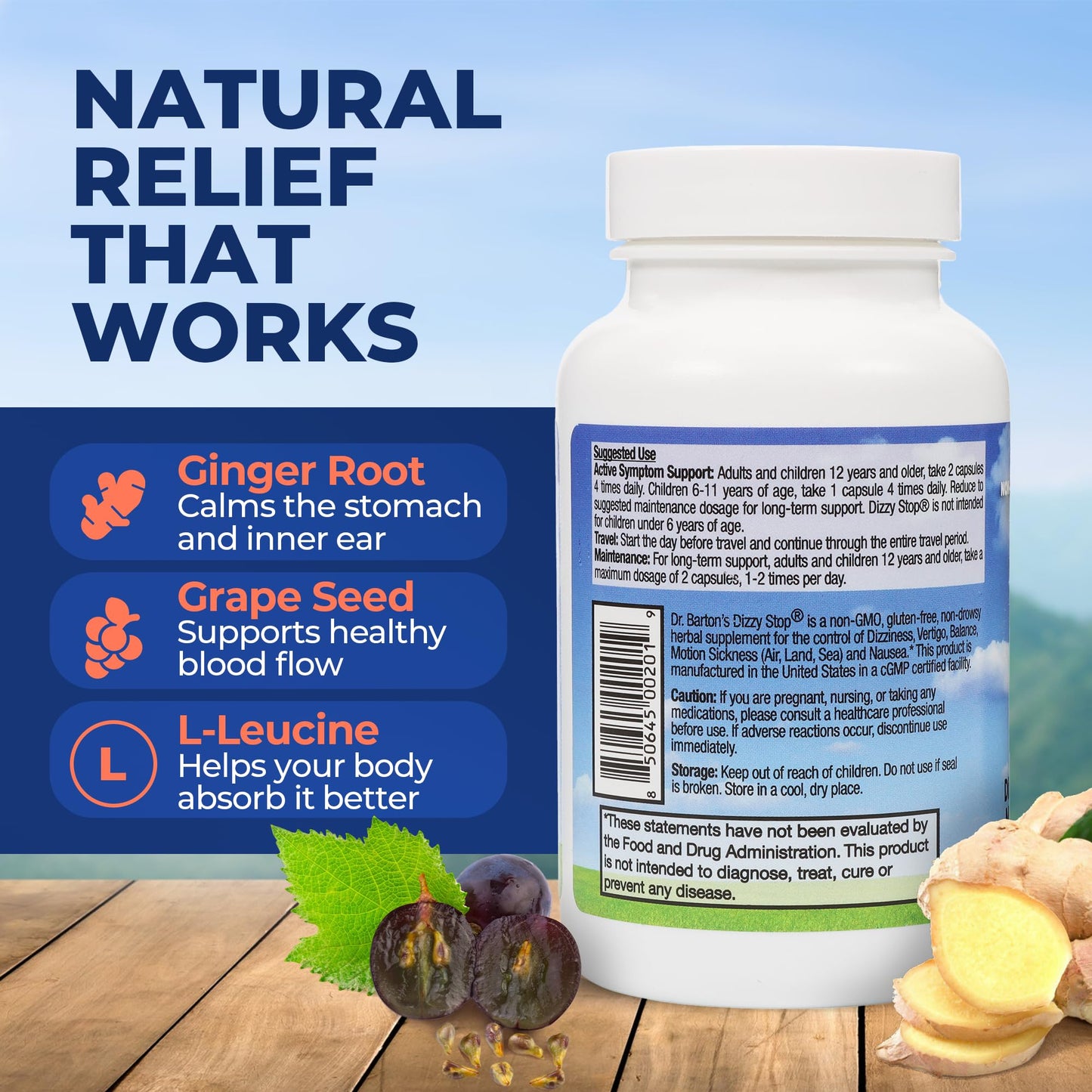Dr Bartons Dizzy Stop supplement facts label showing ginger root and grape seed ingredients
