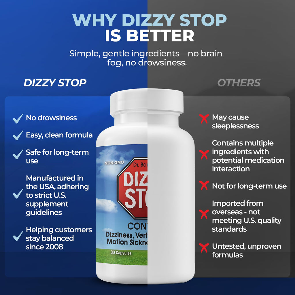 Authentic USA imported Dizzy Stop dietary supplement for balance control packaging side view