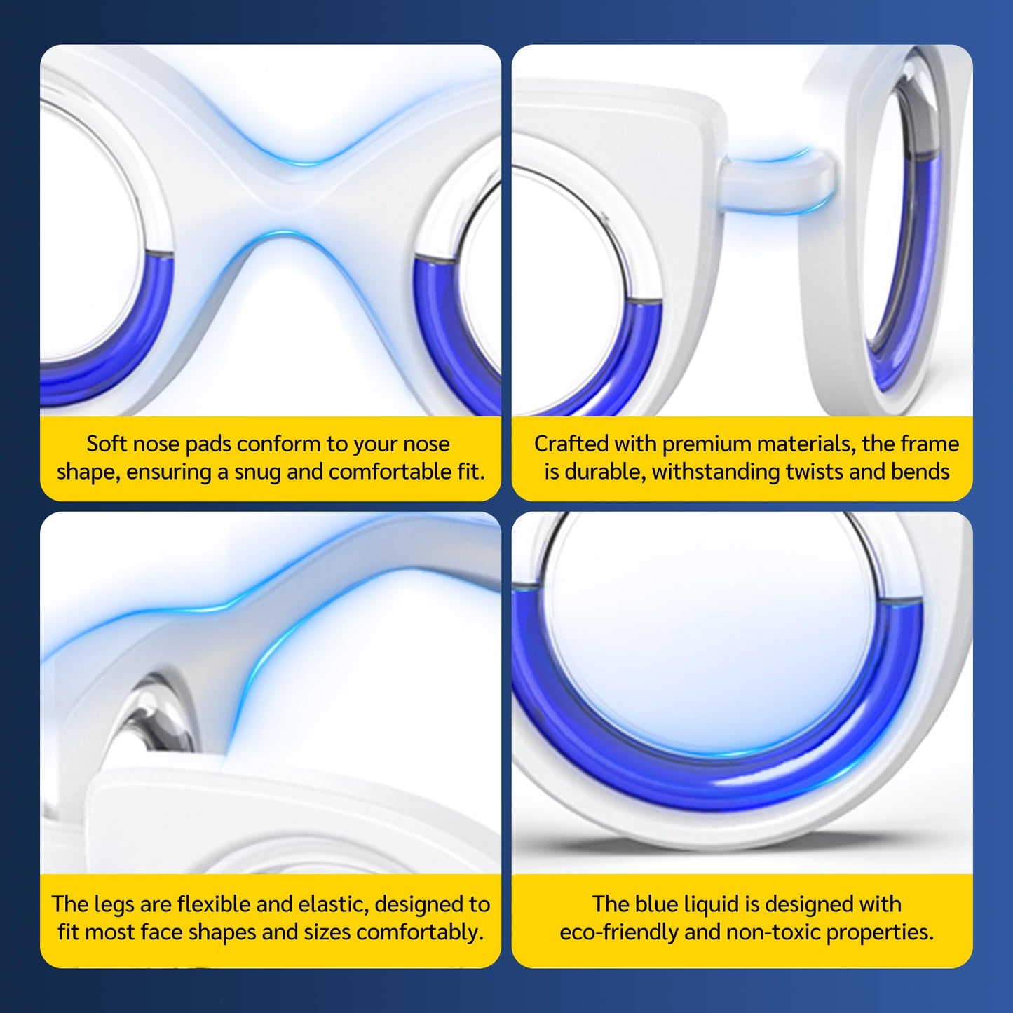 Side profile of NEOISM car sickness relief glasses highlighting the blue liquid tubes.