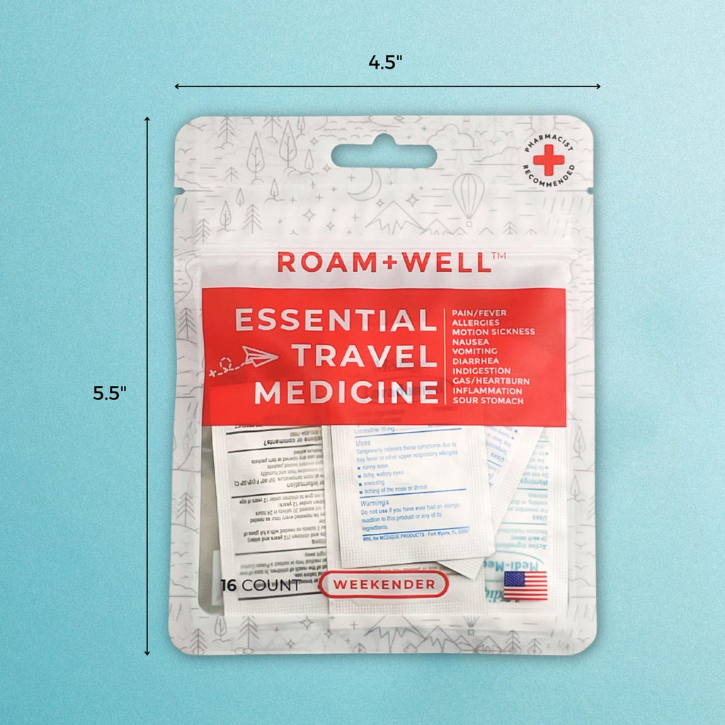 Roamwell Essential Travel Medicine Kit back panel displaying ingredients list and dosage instructions.