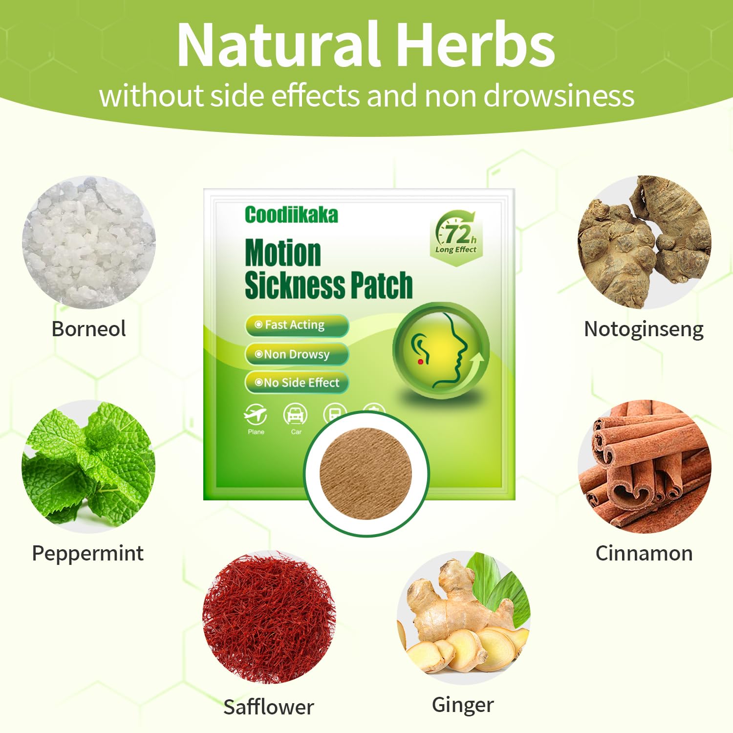 Tan round herbal travel patch being applied behind the ear for nausea relief