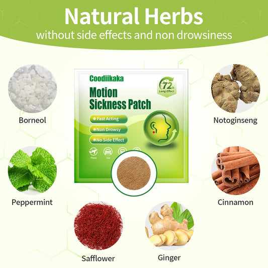 Tan round herbal travel patch being applied behind the ear for nausea relief