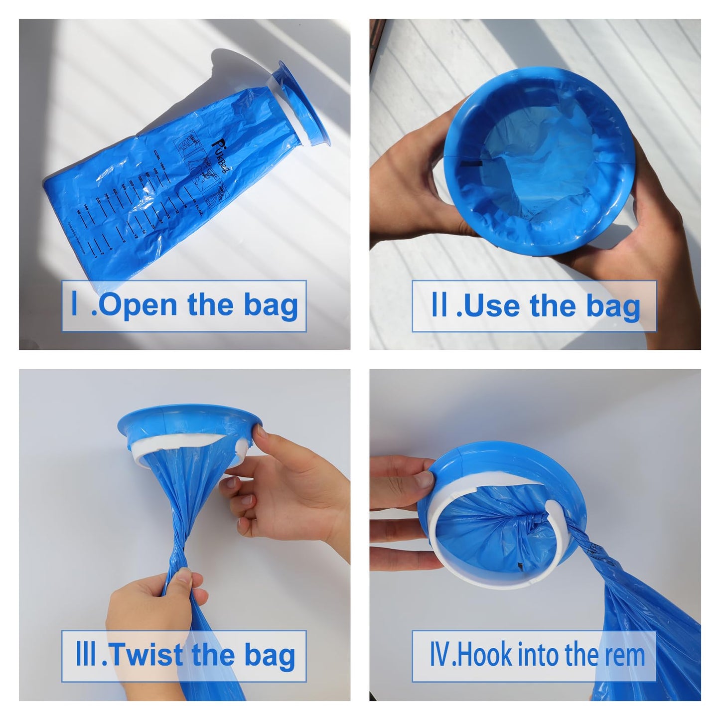 PukeBag emesis bags showing the 1000ml measurement markings and leak-resistant plastic texture