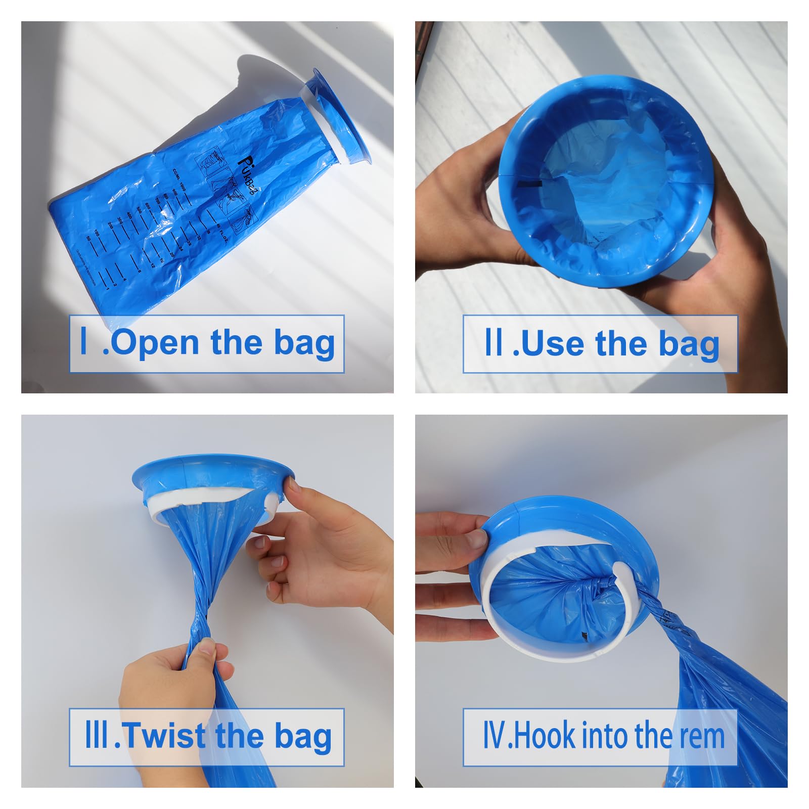PukeBag emesis bags showing the 1000ml measurement markings and leak-resistant plastic texture