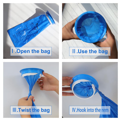 PukeBag emesis bags showing the 1000ml measurement markings and leak-resistant plastic texture
