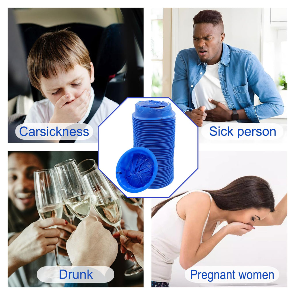 PukeBag motion sickness containment bags highlighting the portable packaging and rigid plastic opening