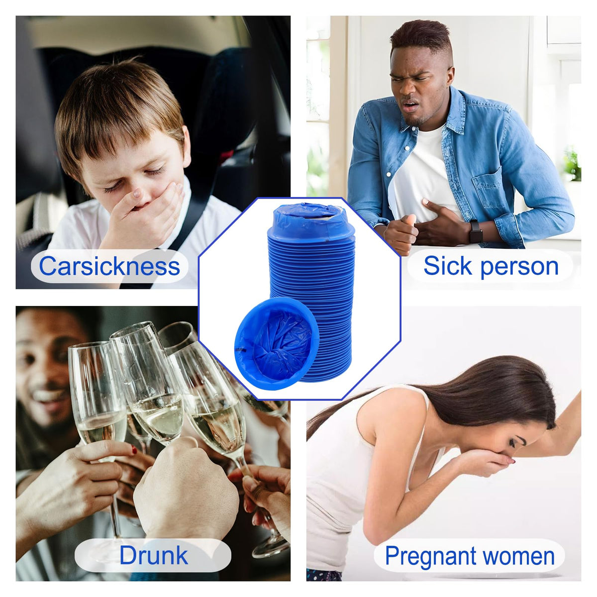 PukeBag motion sickness containment bags highlighting the portable packaging and rigid plastic opening