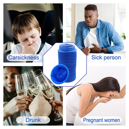 PukeBag motion sickness containment bags highlighting the portable packaging and rigid plastic opening