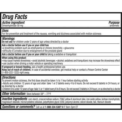 Gravol dimenhydrinate 50mg motion sickness tablets side view showcasing ingredient facts