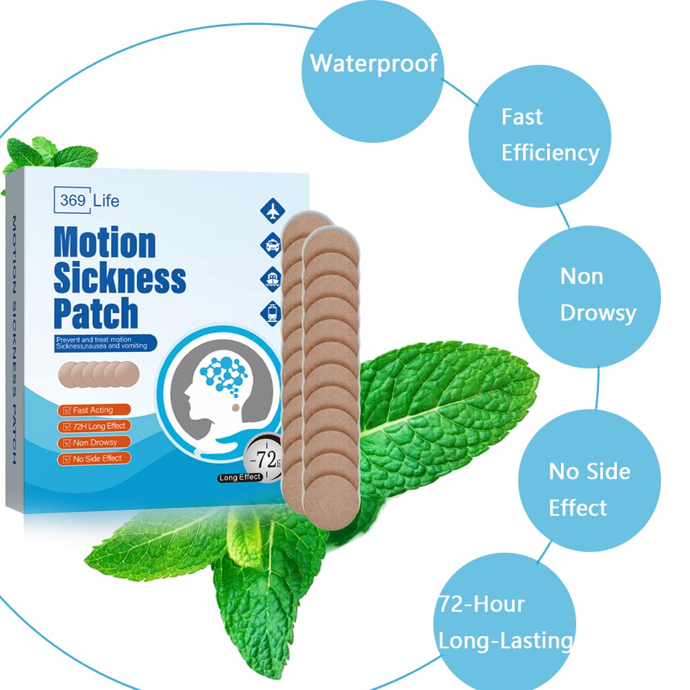 Herbal non drowsy sea sickness patches for cruise and flight travel showing placement behind the ear.