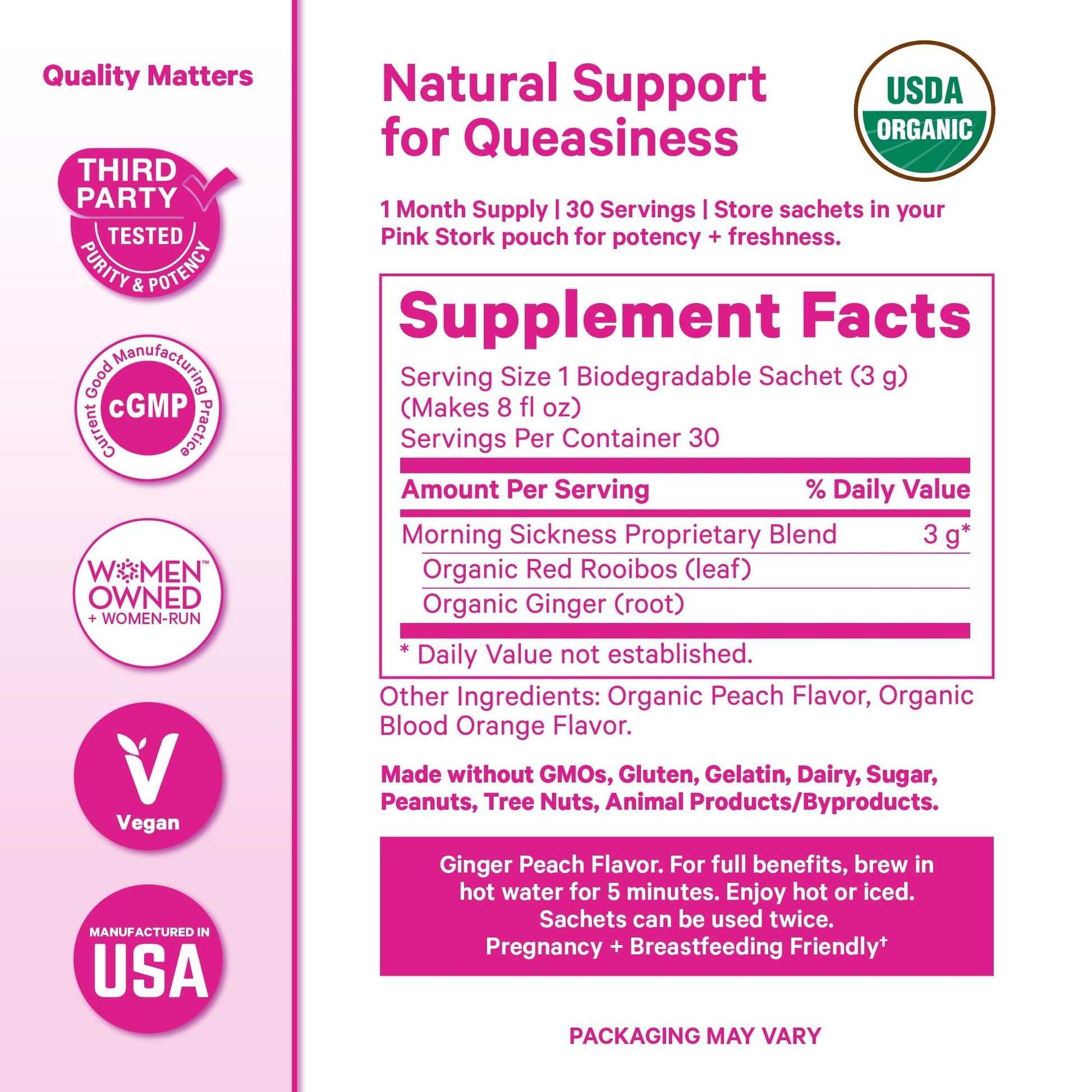 Pink Stork ginger peach caffeine free tea sachets for first trimester support.