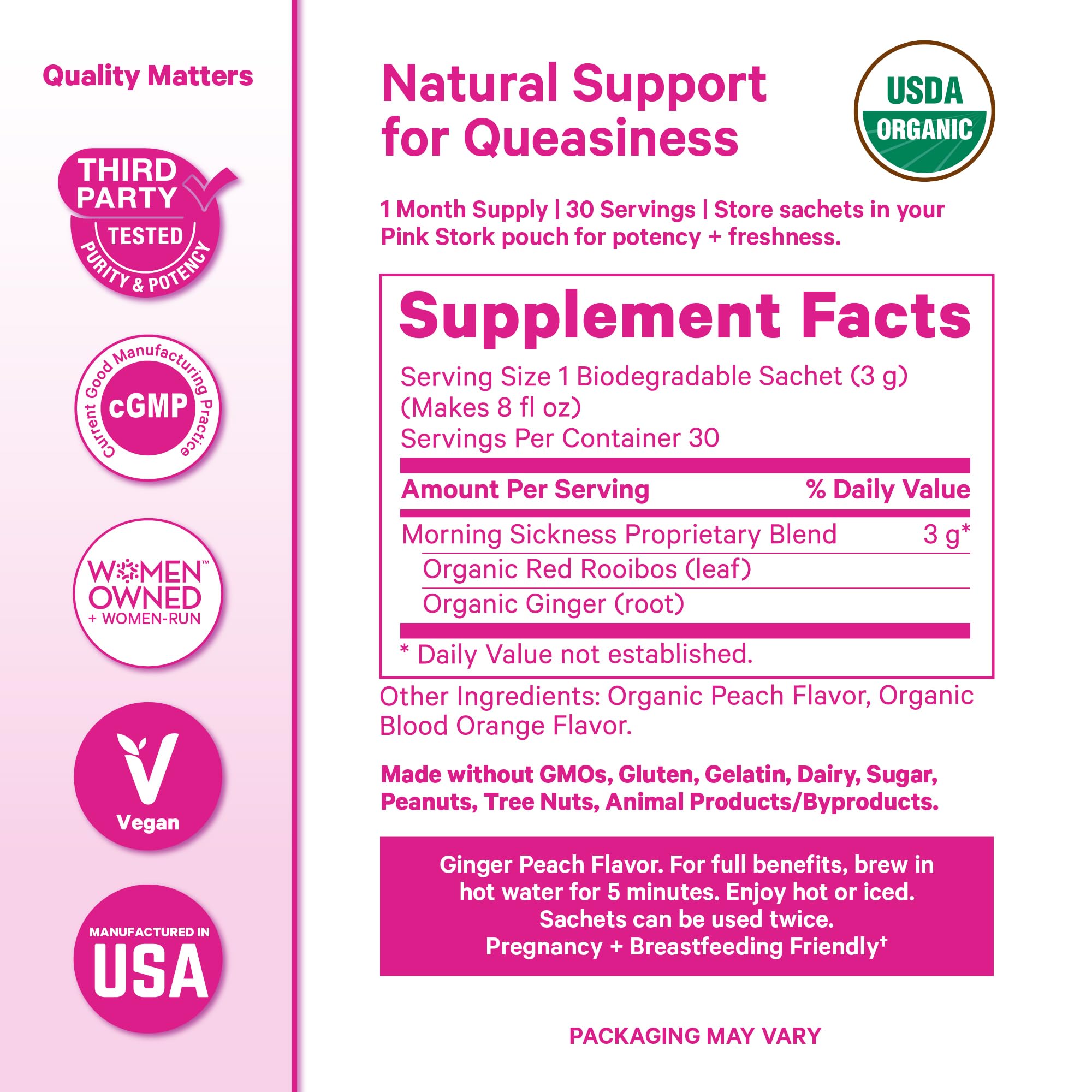 Pink Stork ginger peach caffeine free tea sachets for first trimester support.