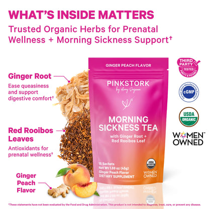 Back label of Pink Stork morning sickness herbal supplement showing organic ingredients.
