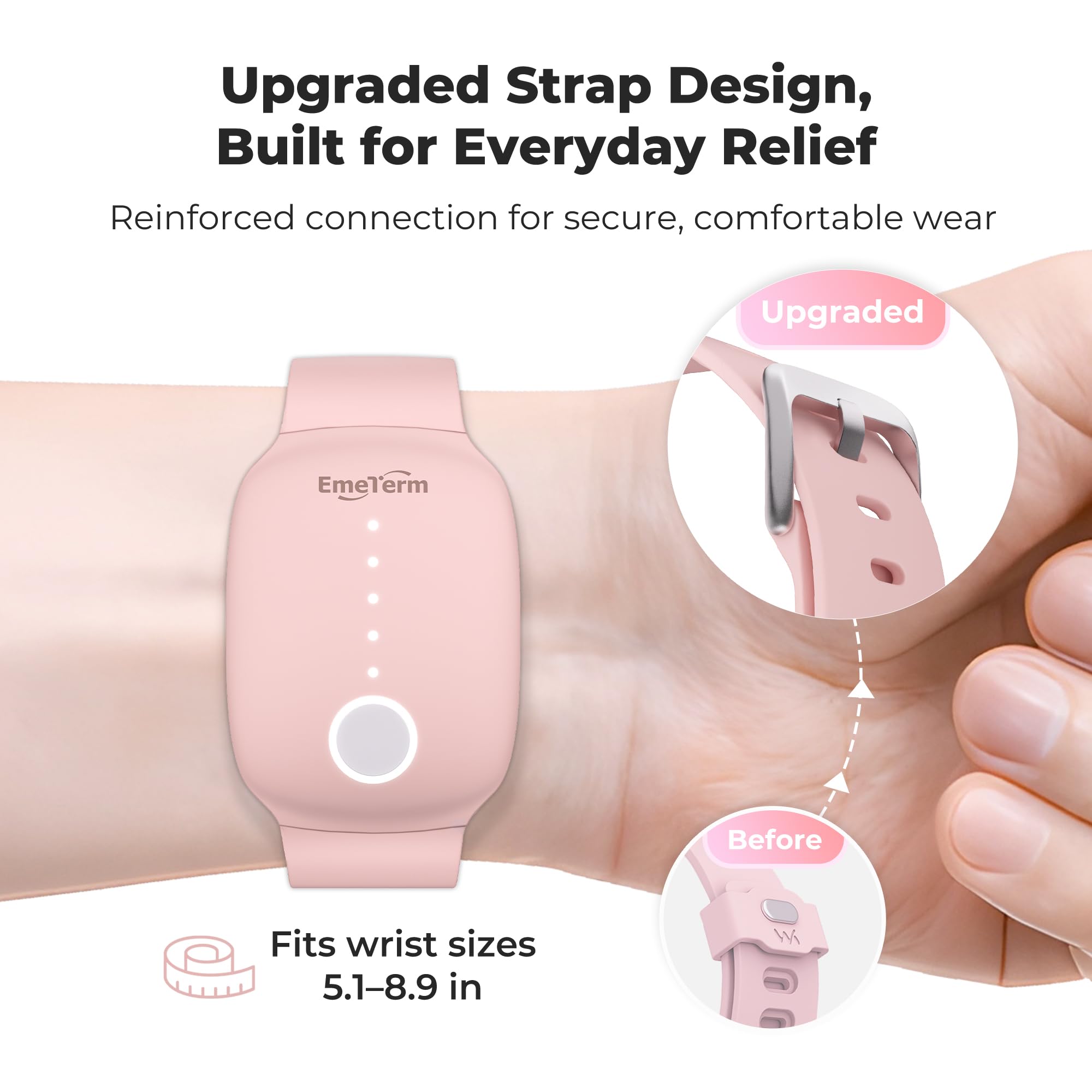 EmeTerm wearable electrode stimulator displaying the adjustable strap and premium medical-grade silicone.