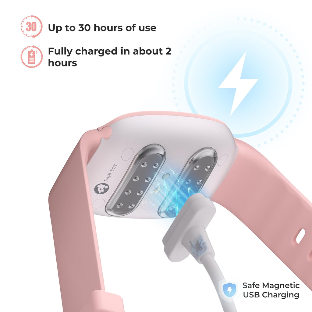 Side view of the rechargeable drug free travel sickness band illustrating its slim profile.