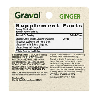 Side view of Gravol ginger dietary supplement for adults and kids.