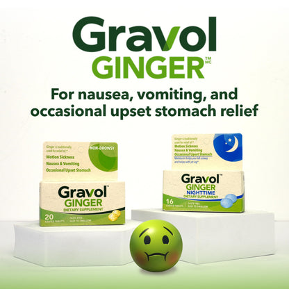 Gravol organic ginger extract tablets for morning sickness and vomiting prevention.