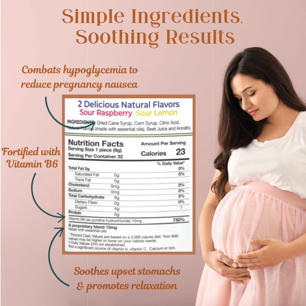 Individually wrapped Preggie Pop Drops Plus lozenges for natural morning sickness relief during pregnancy.