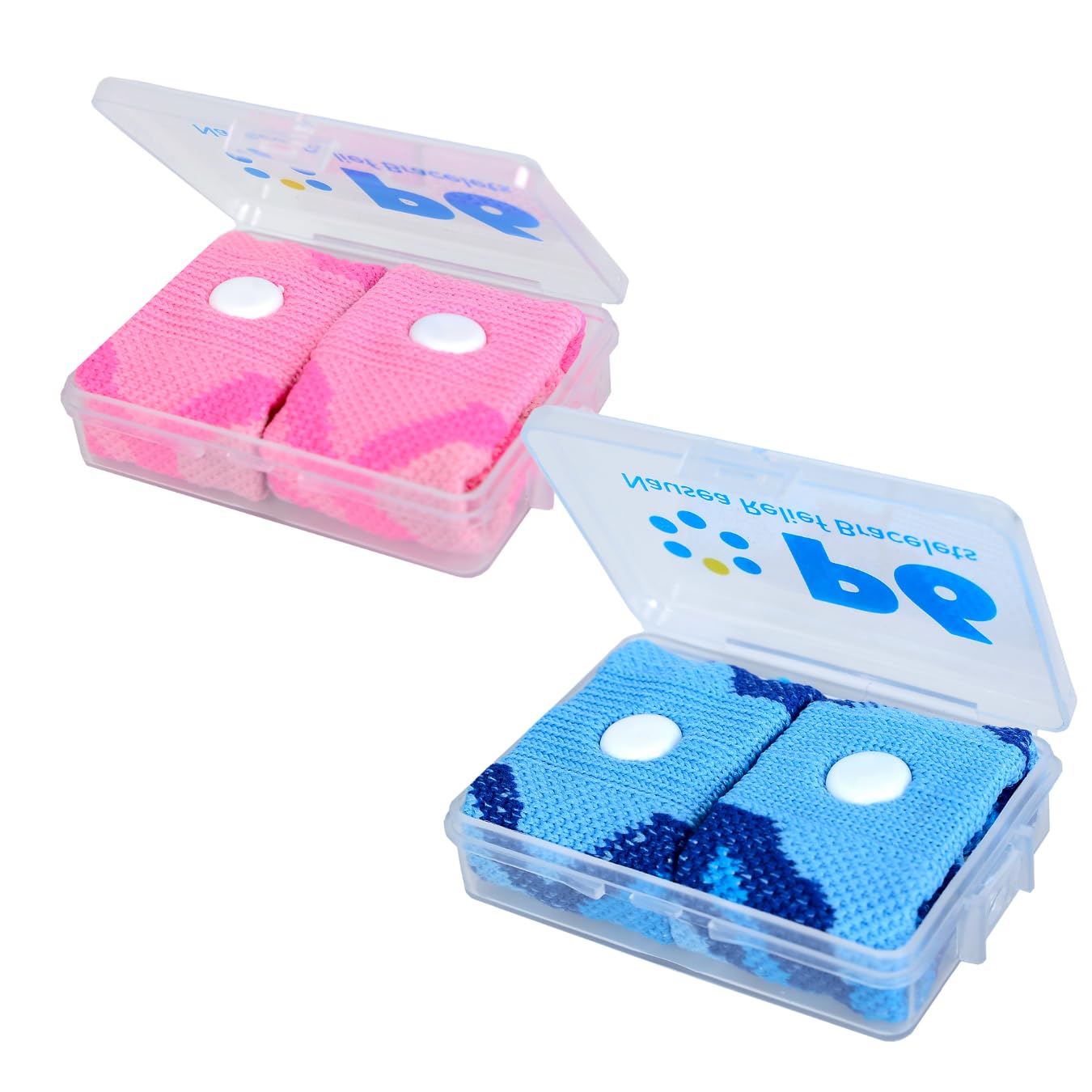 Childrens pink and blue anti nausea wristbands out of the box