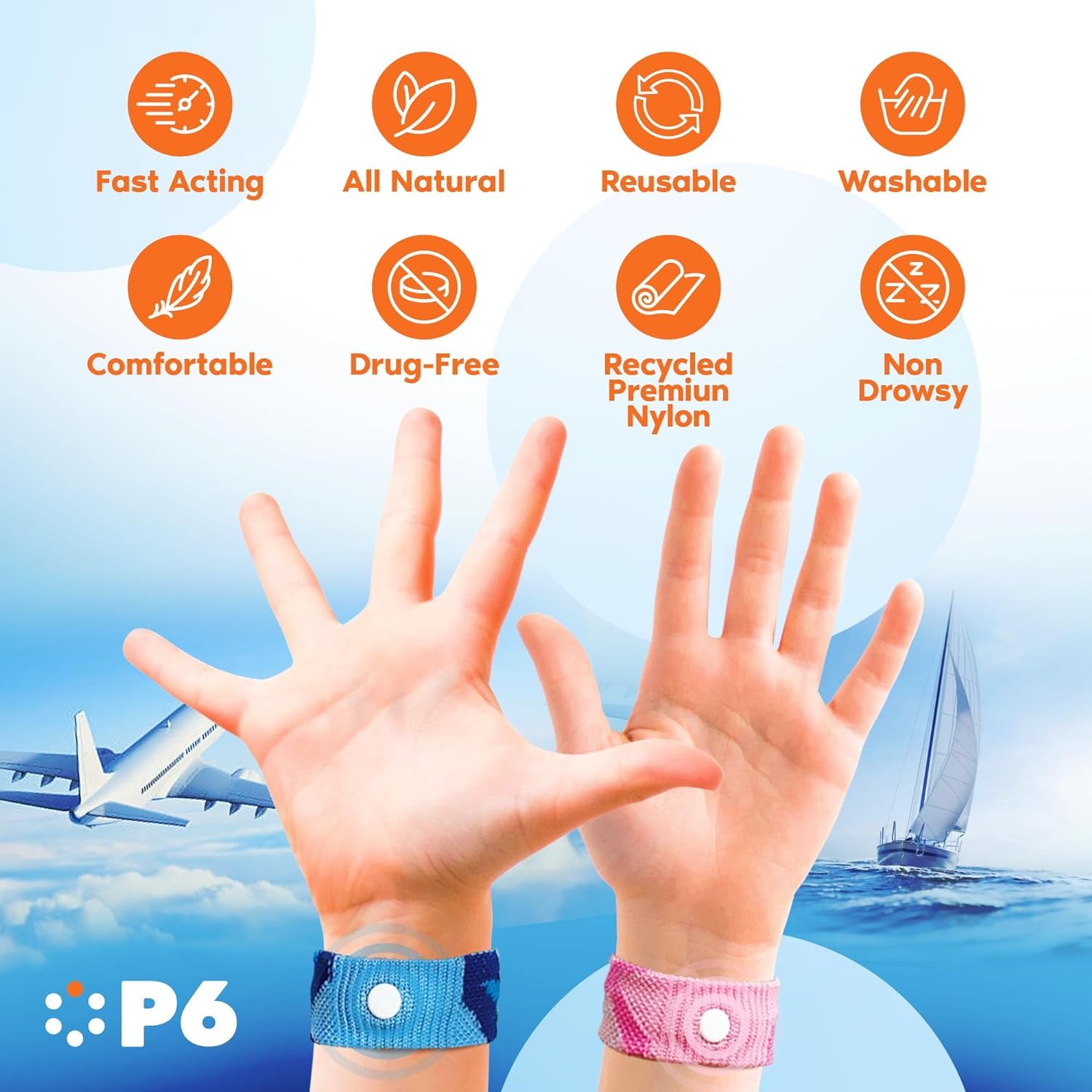 Acupressure treatment bands showing correct wrist placement point