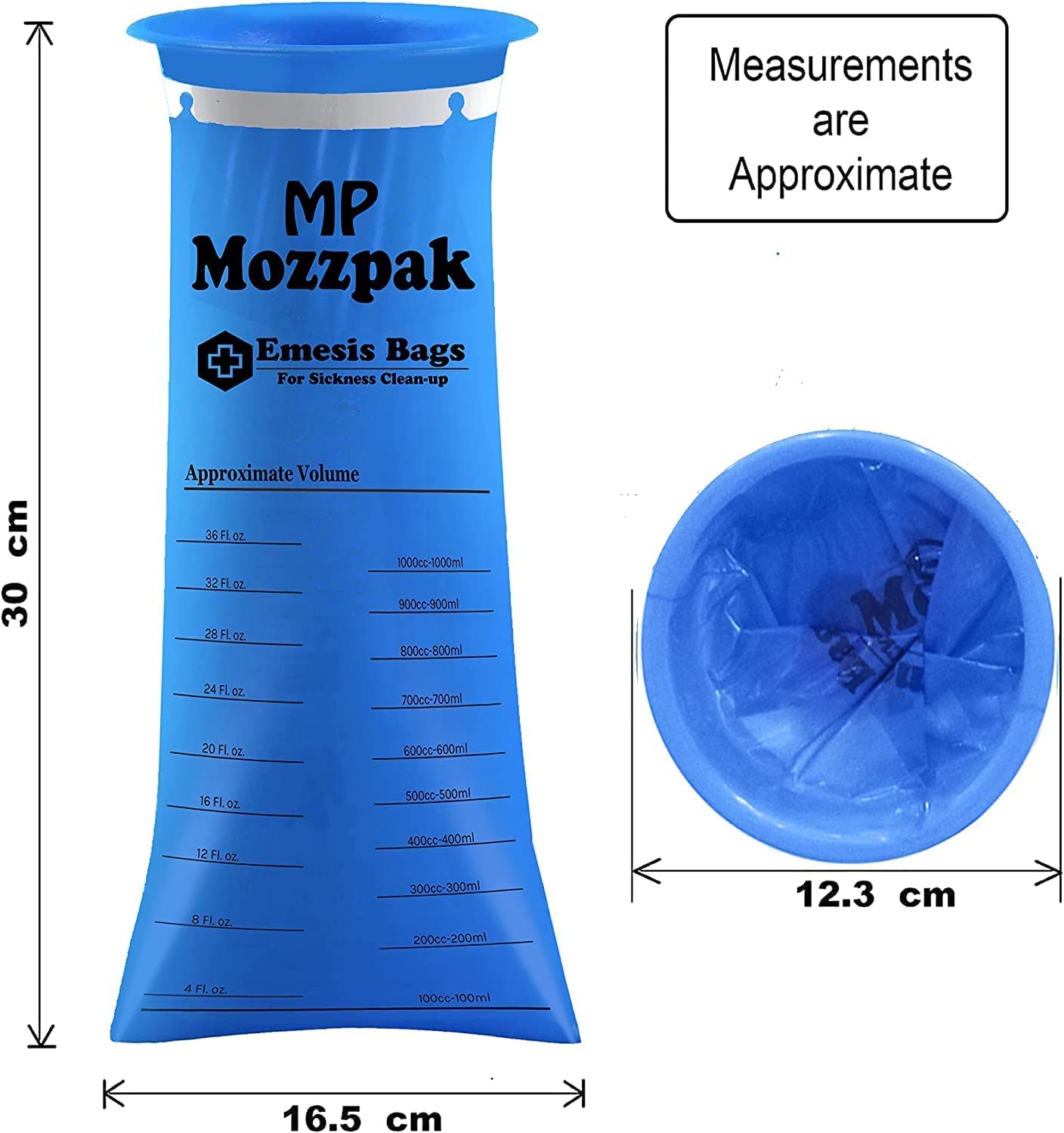 Blue 1000ml emesis bags with rigid plastic mouth rim