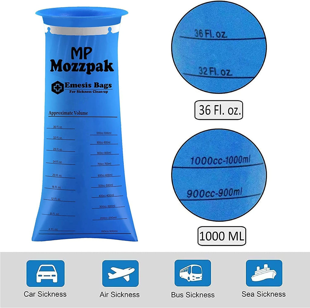 Thick LDPE plastic motion sickness bags showing notched sealing ring