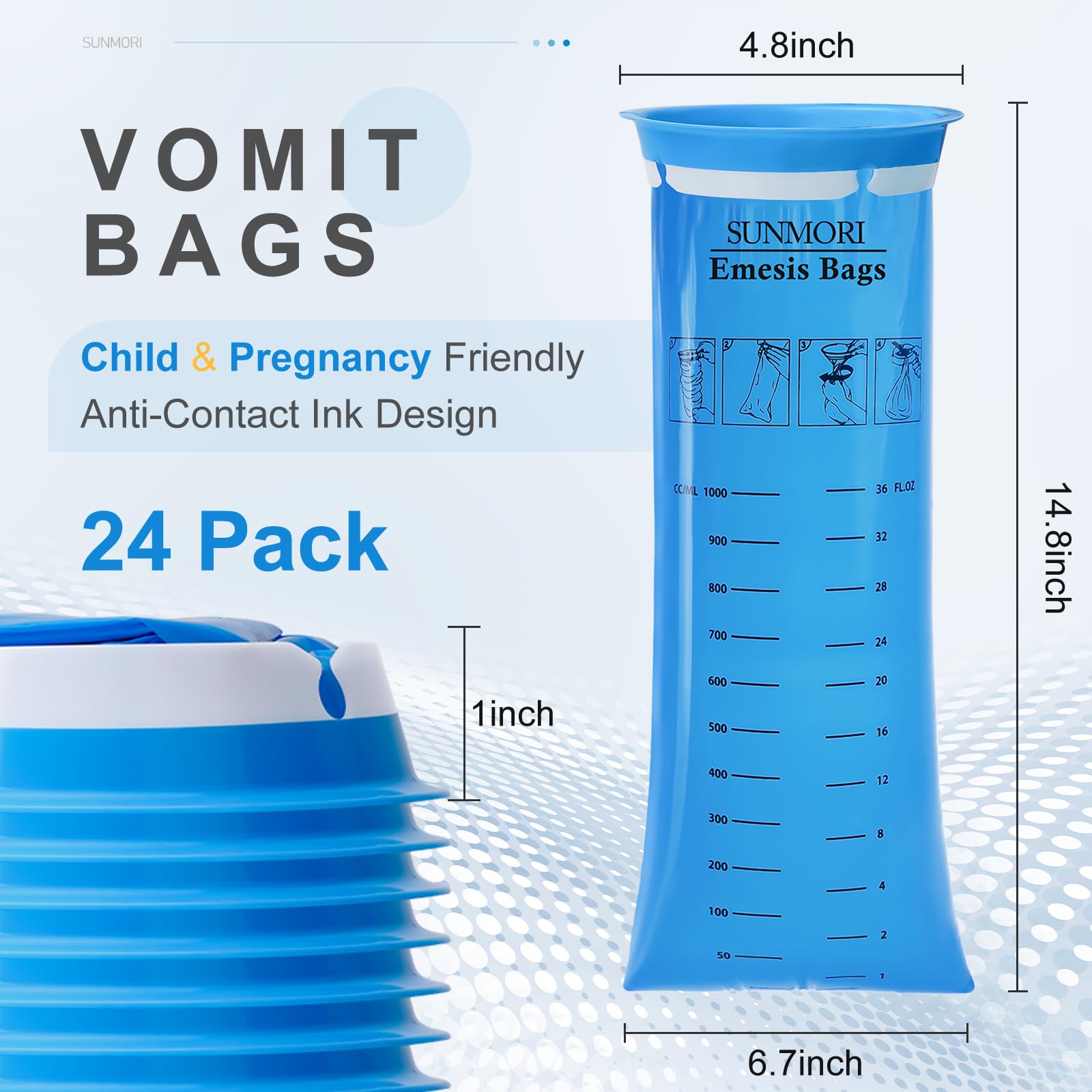 Sunmori 1000ml barf bag highlighting the rigid injection ring for secure mouth placement
