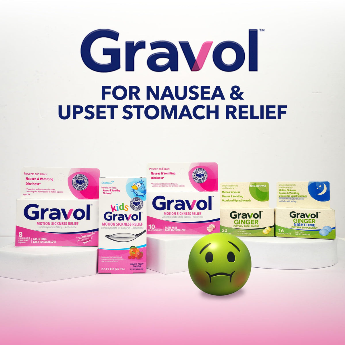 Travel-friendly eighteen count packaging of quick-dissolve anti-nausea tablets for family road trips.