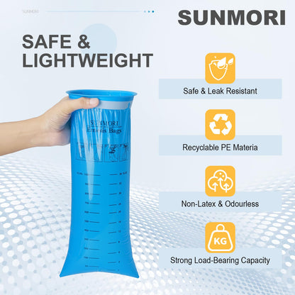 Thick non transparent throw up bag showing the graduated milliliter and fluid ounce scale