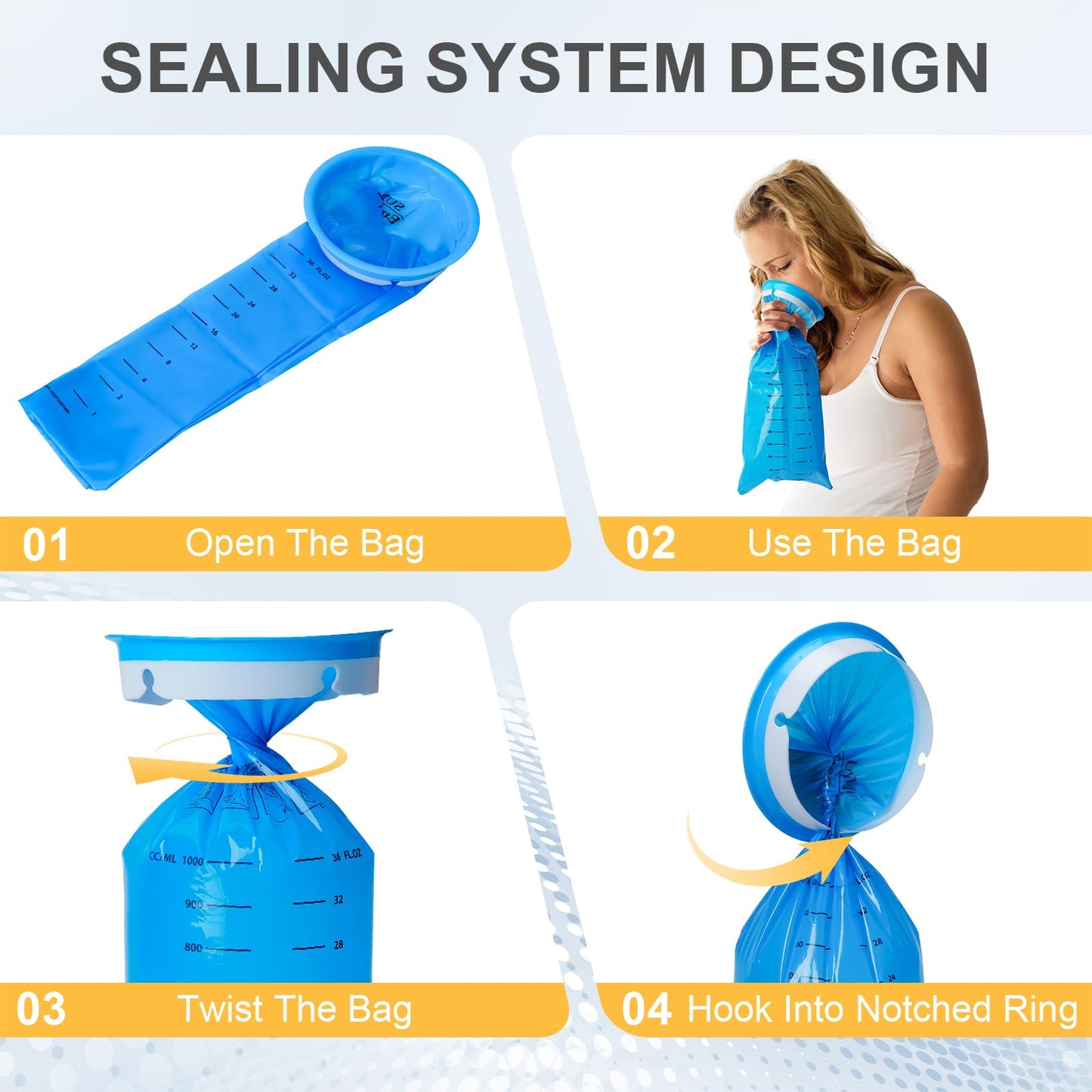 Demonstration of the secure notch closure system on the Sunmori emesis bag to seal in odors