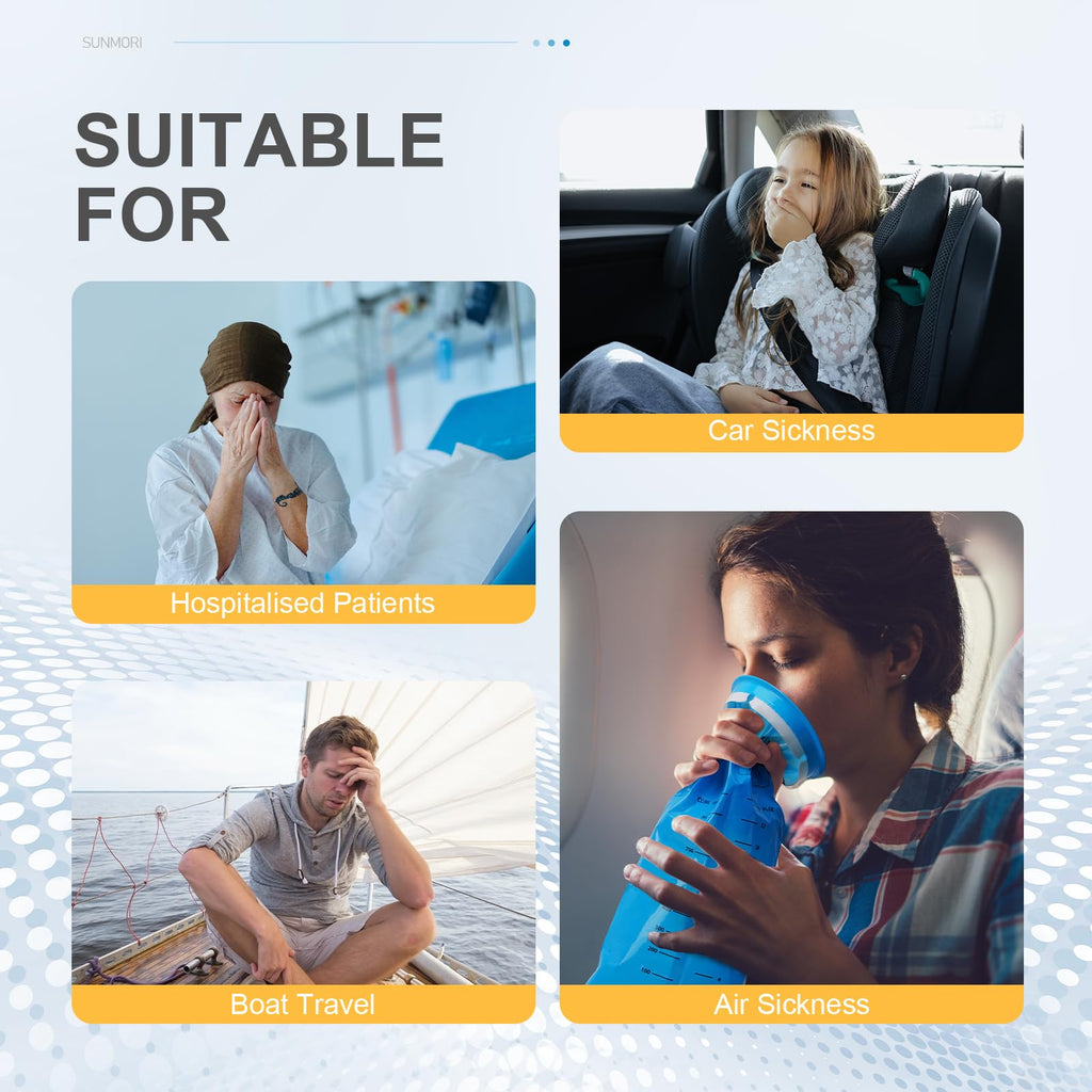 Sunmori motion sickness bags being stored in a vehicle seat back pocket for travel emergencies