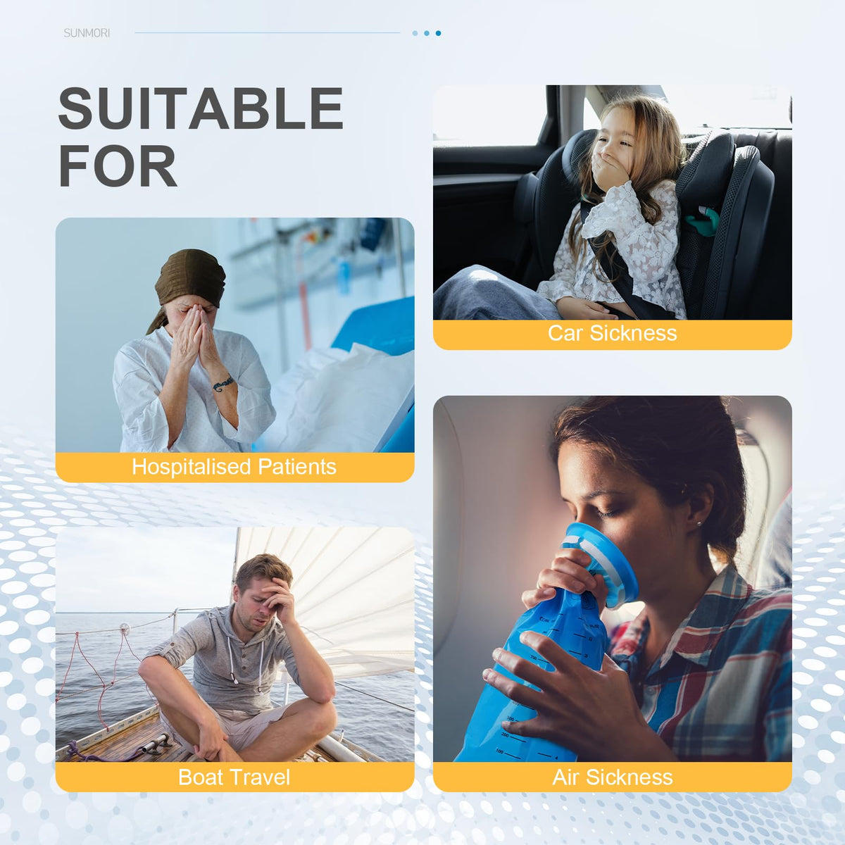 Sunmori motion sickness bags being stored in a vehicle seat back pocket for travel emergencies