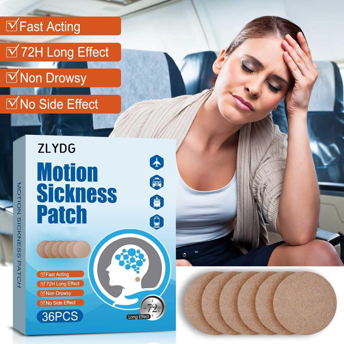 Non drowsy seasickness patch packaging displaying ingredient highlights and directions