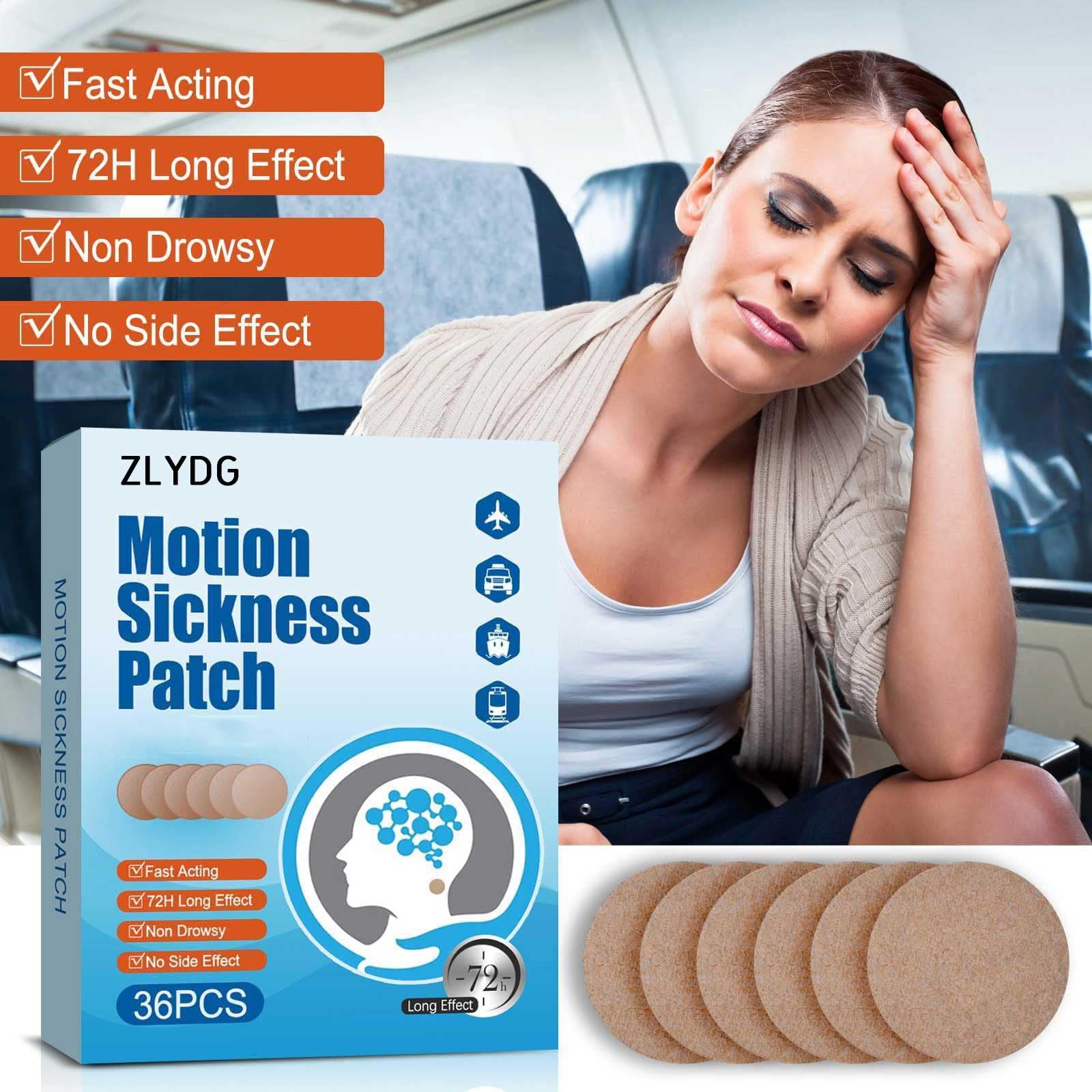 Non drowsy seasickness patch packaging displaying ingredient highlights and directions