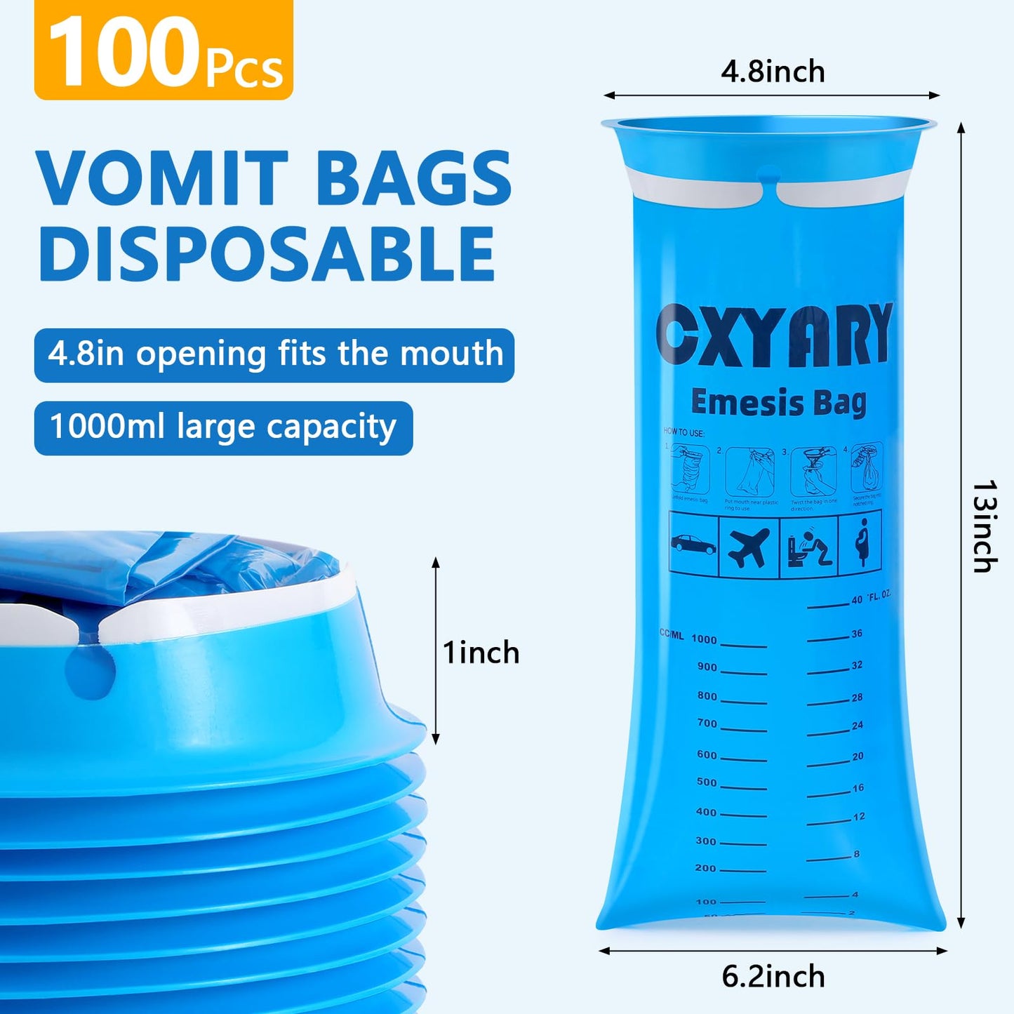 CXYARY 1000ml emesis bags folded compactly for easy car travel storage.