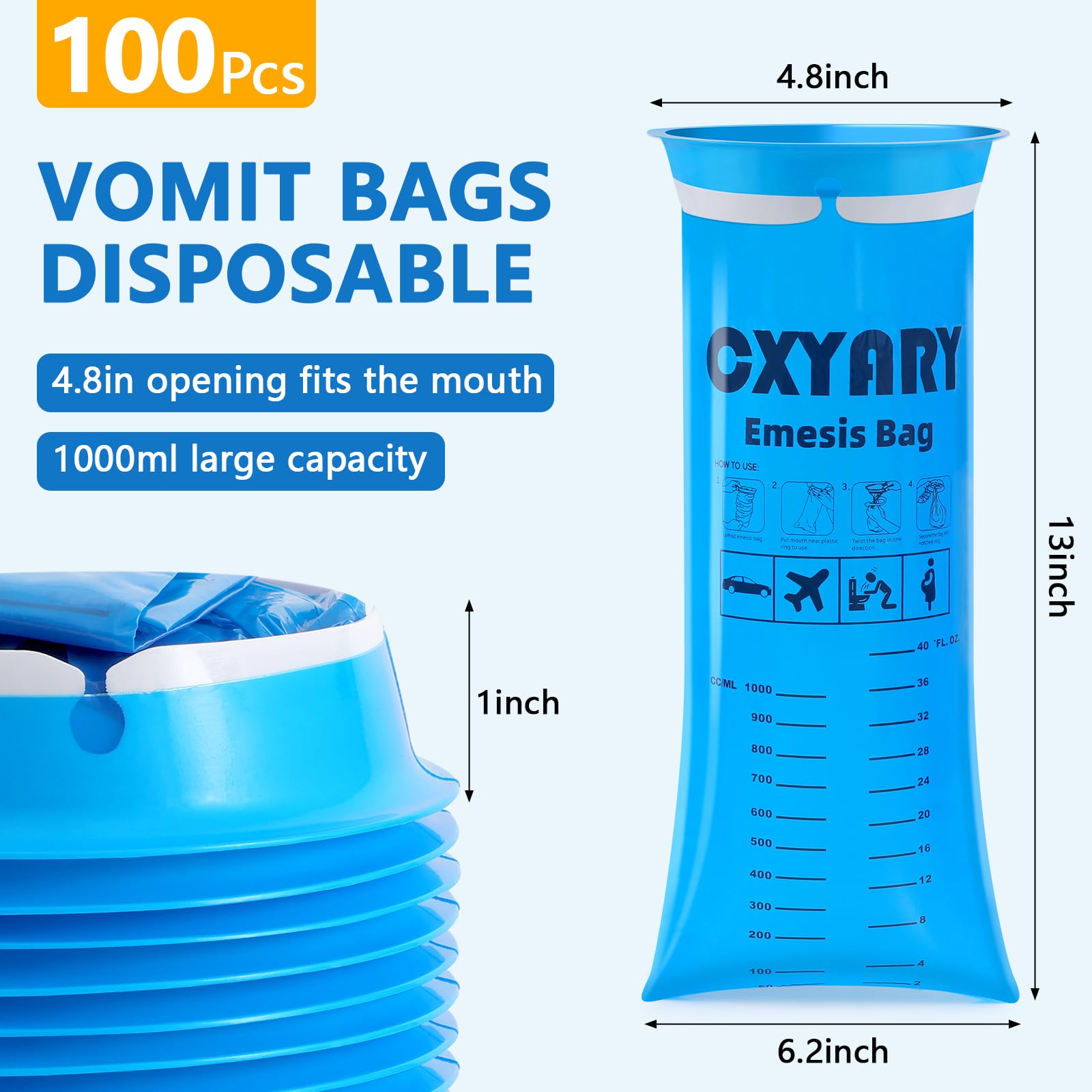 CXYARY 1000ml emesis bags folded compactly for easy car travel storage.