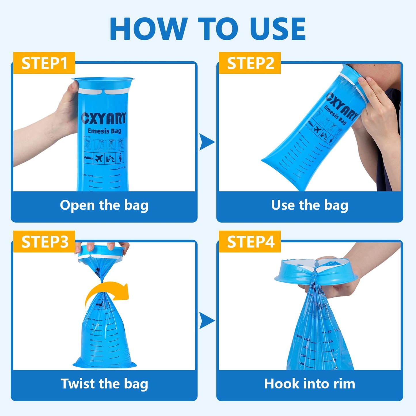 Portable nausea bags for pregnant women showing premium tear resistant plastic material.