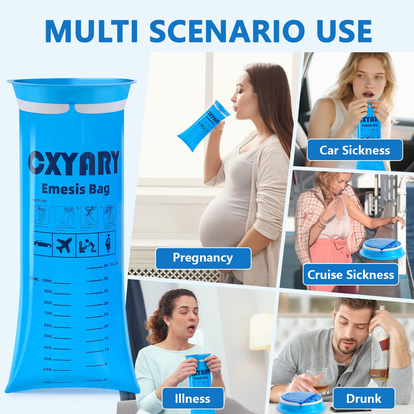 CXYARY travel motion sickness bags demonstrating the simple twist and seal mechanism.