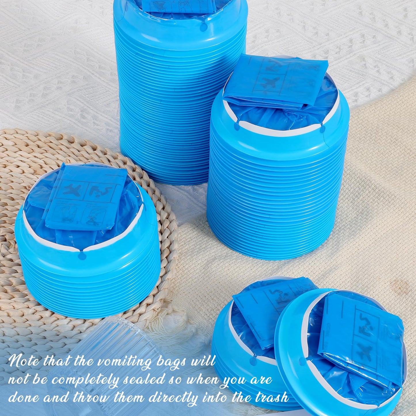 Hygienic disposable sickness bags featuring a secure plastic mouth rim.