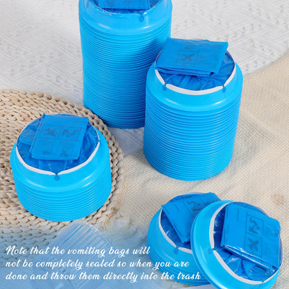 Hygienic disposable sickness bags featuring a secure plastic mouth rim.