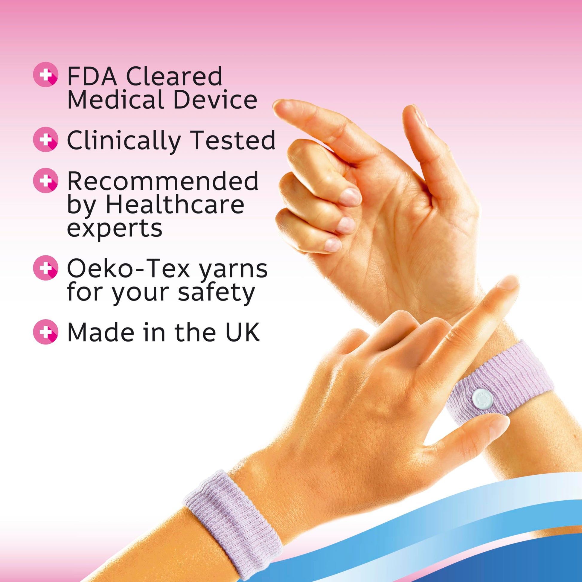 Expectant mother wearing Sea-Band Mama drug free wristbands for stomach comfort