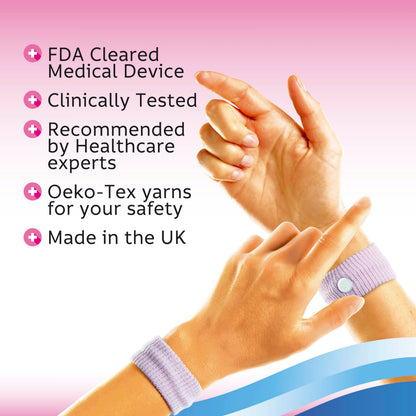 Expectant mother wearing Sea-Band Mama drug free wristbands for stomach comfort