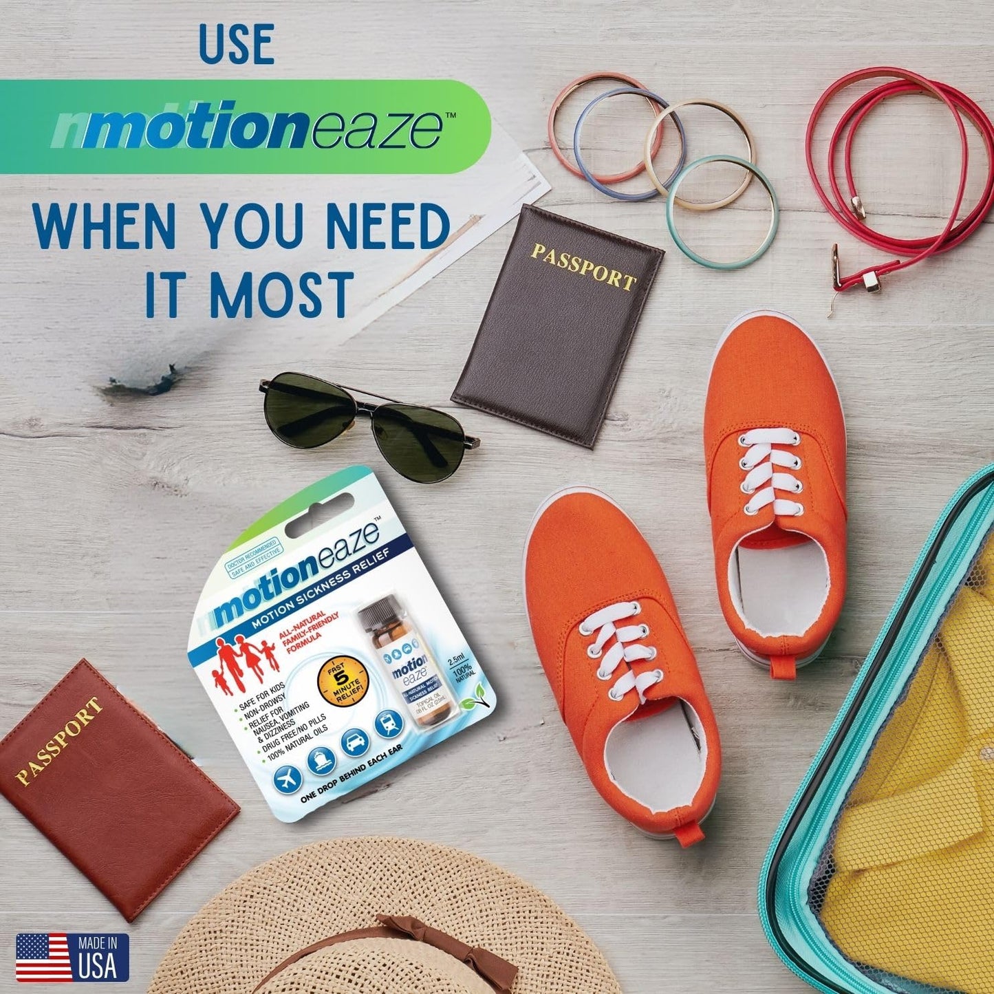 Two point five milliliter bottle of MotionEaze travel sickness drops for nausea