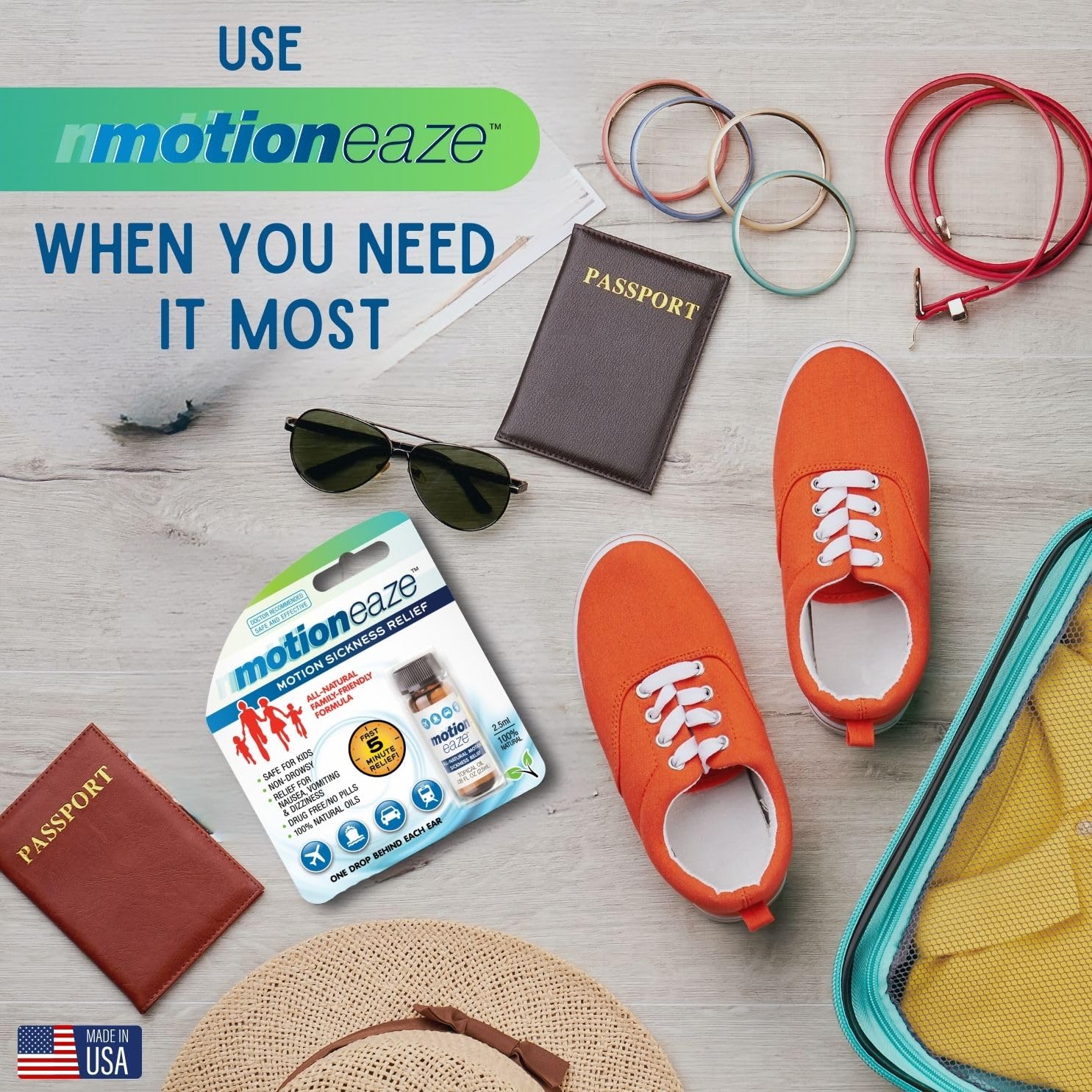 Two point five milliliter bottle of MotionEaze travel sickness drops for nausea