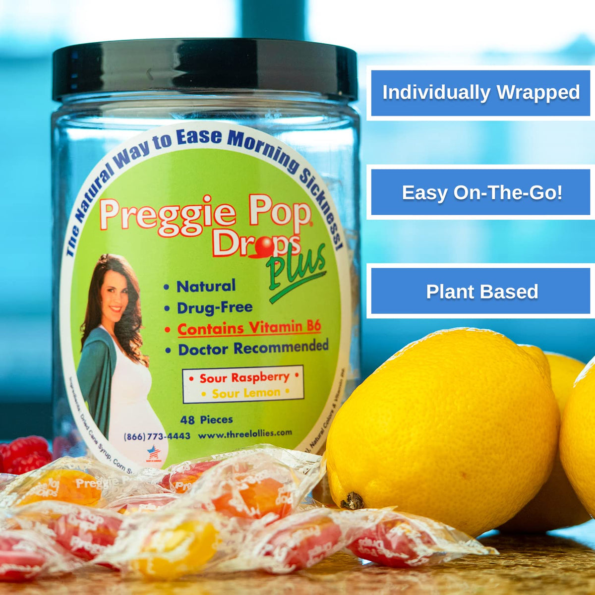 Preggie Pop Drops Plus forty eight count package with sour raspberry and sour lemon flavors