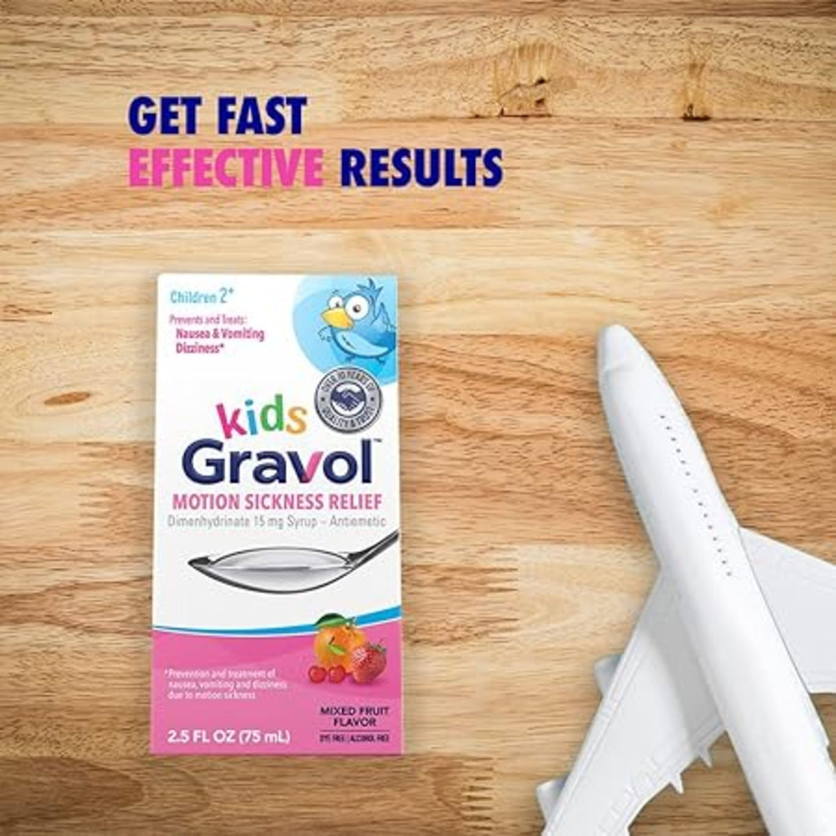 Gravol Kids Liquid 2.5 fluid ounce pediatric syrup packaging