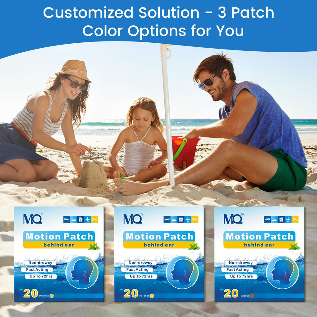 Herbal adhesive patches for nausea relief showing application instructions on the box.