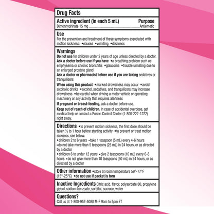Gravol Kids Liquid dimenhydrinate 15 mg per 5 ml ingredient facts